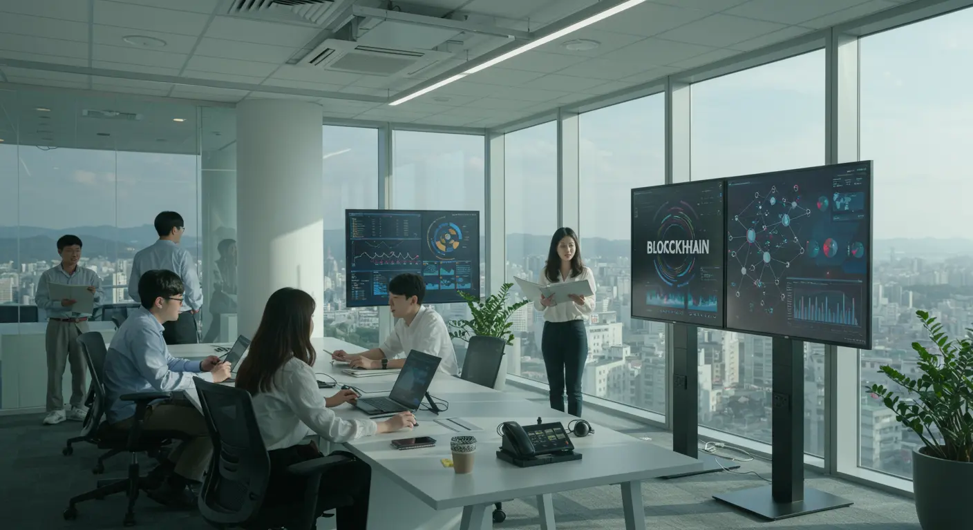 블록체인 네트워크가 보이는 사무실에서 젊은 전문가들이 토론하는 모습