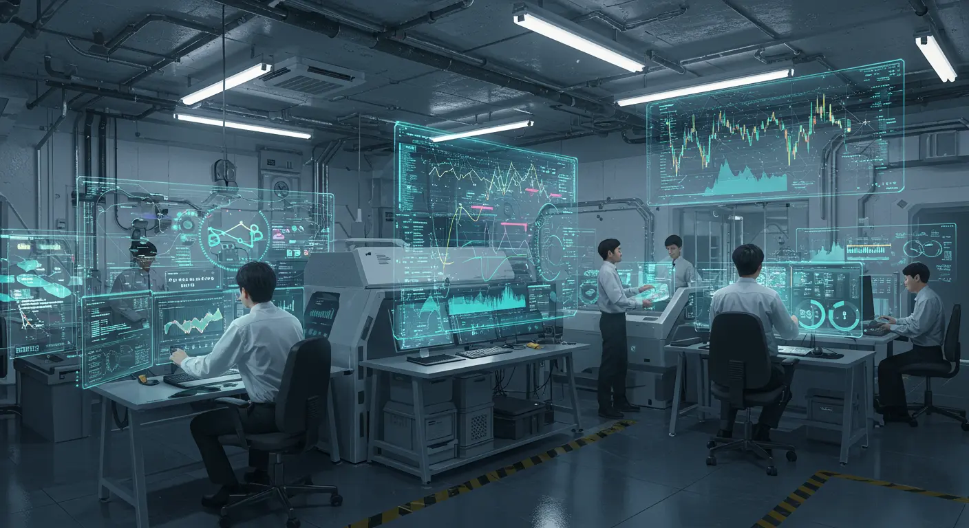 블록체인 네트워크의 시간을 보여주는 홀로그램 디스플레이가 있는 첨단 연구소