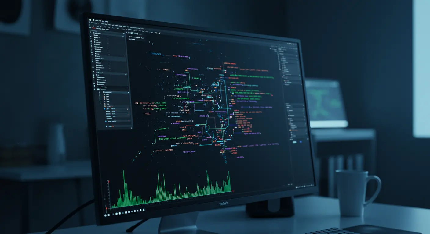첨단 암호 알고리즘이 화면에 표시된 한국 작업 공간