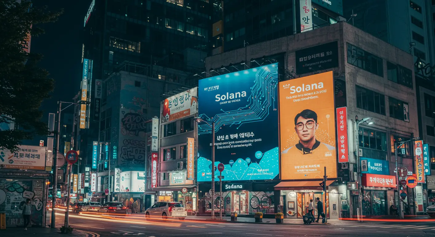 한국 비즈니스 지구에서 솔라나의 거래 속도와 친환경성을 홍보하는 디지털 광고판