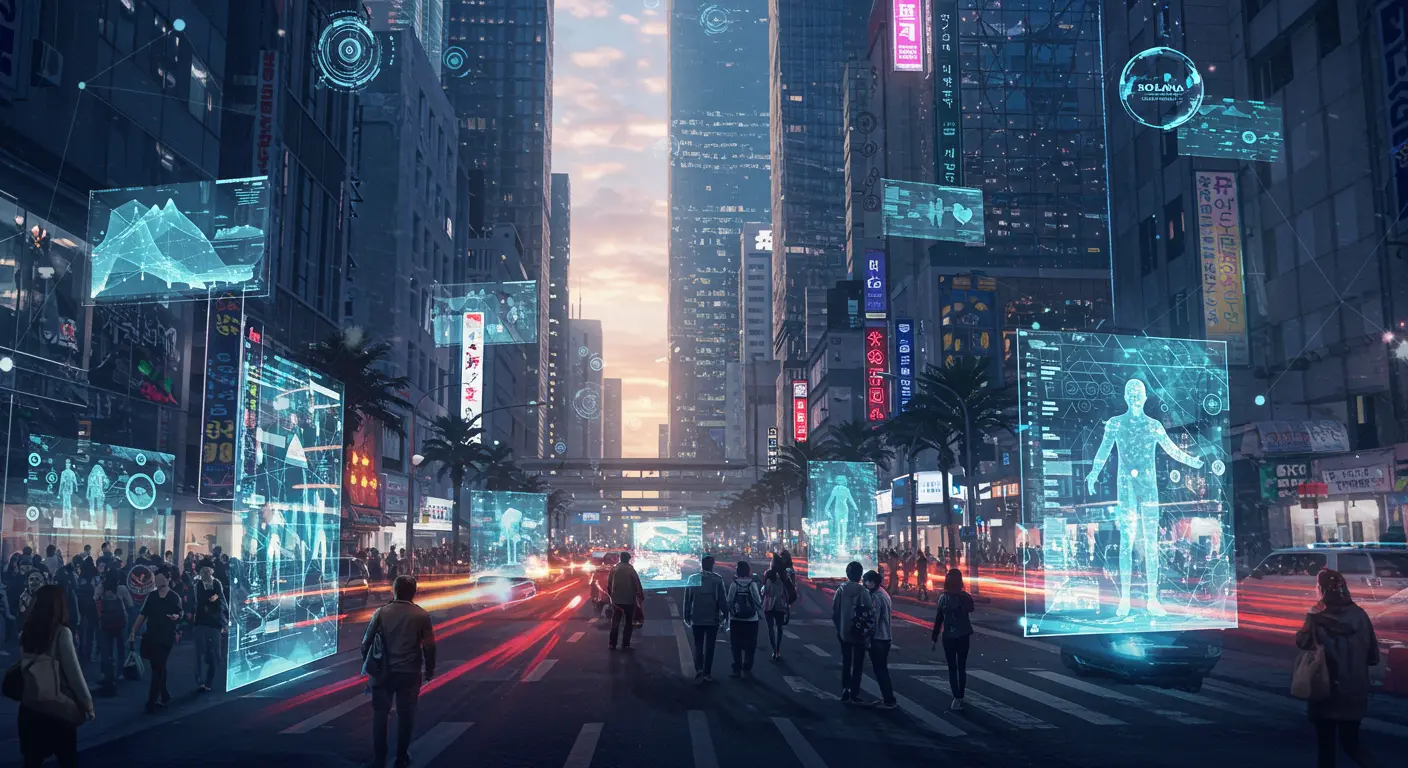 사물인터넷 기기와 메타버스 포털이 연결된 미래 한국 도시 풍경