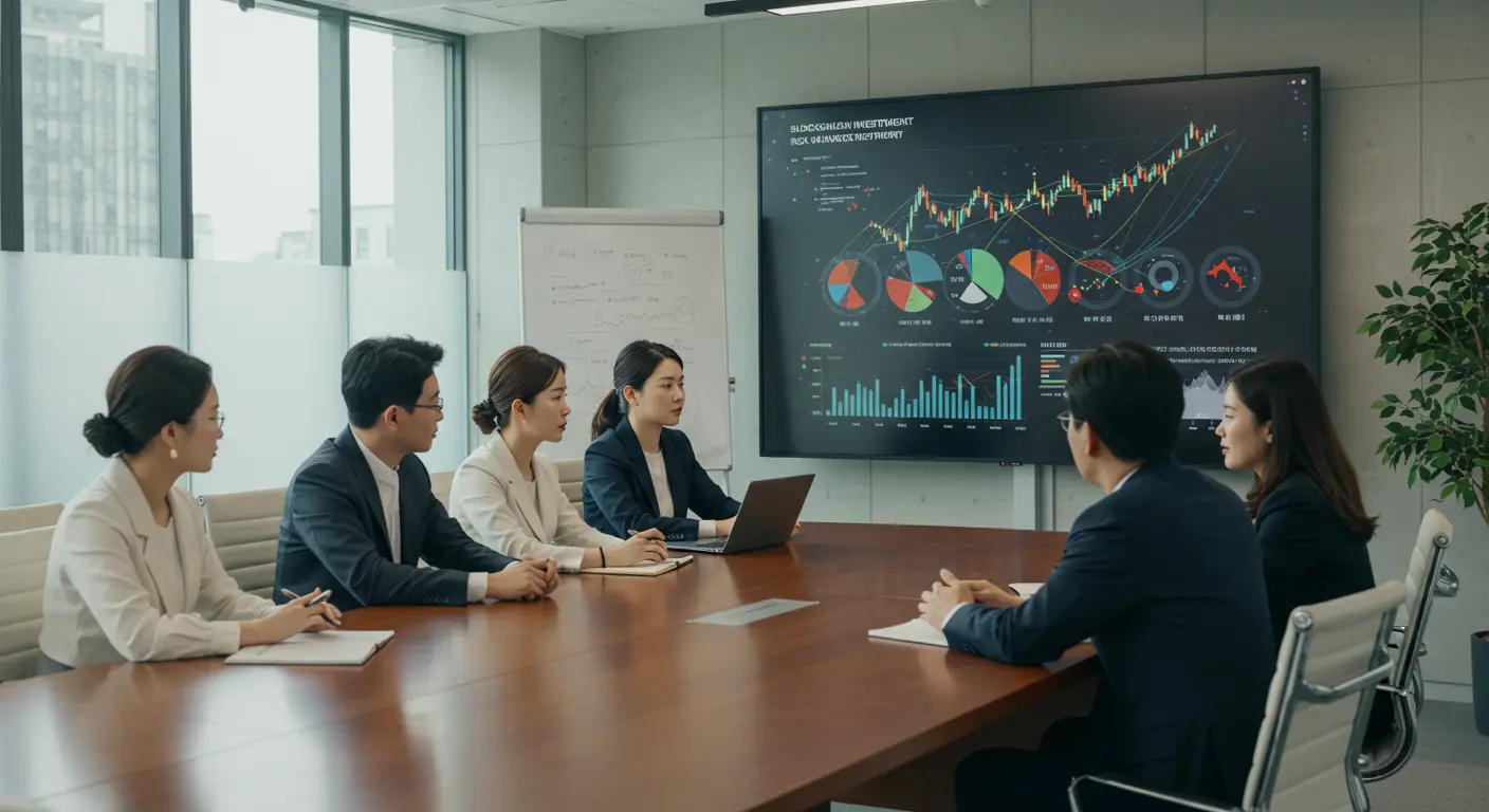 블록체인 투자를 위한 리스크 관리 전략을 논의하는 금융 상담사들