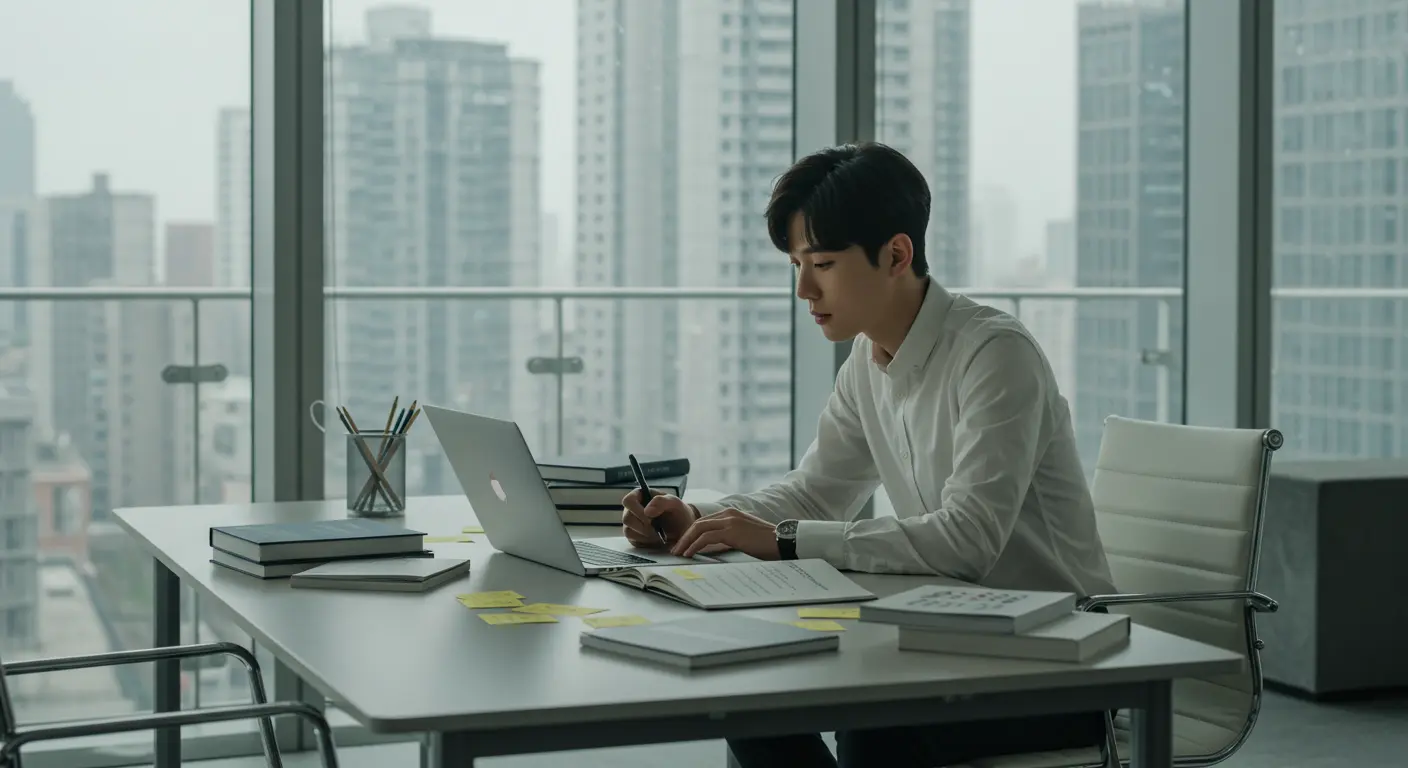 현대적 사무실에서 사업 이름을 고민하는 한국의 사업가