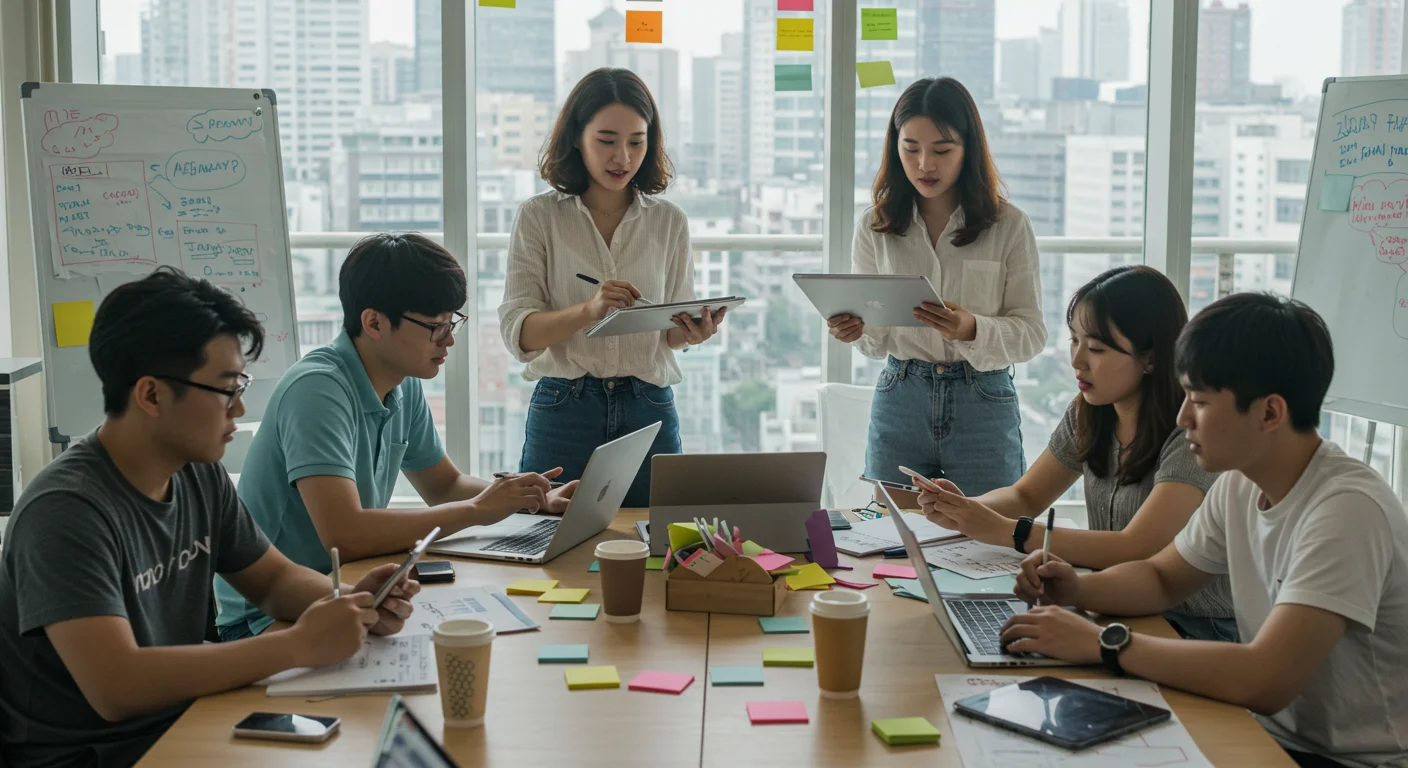 최신 공동 작업 공간에서 혁신적인 사업명을 고민하는 젊은 세대 모습
