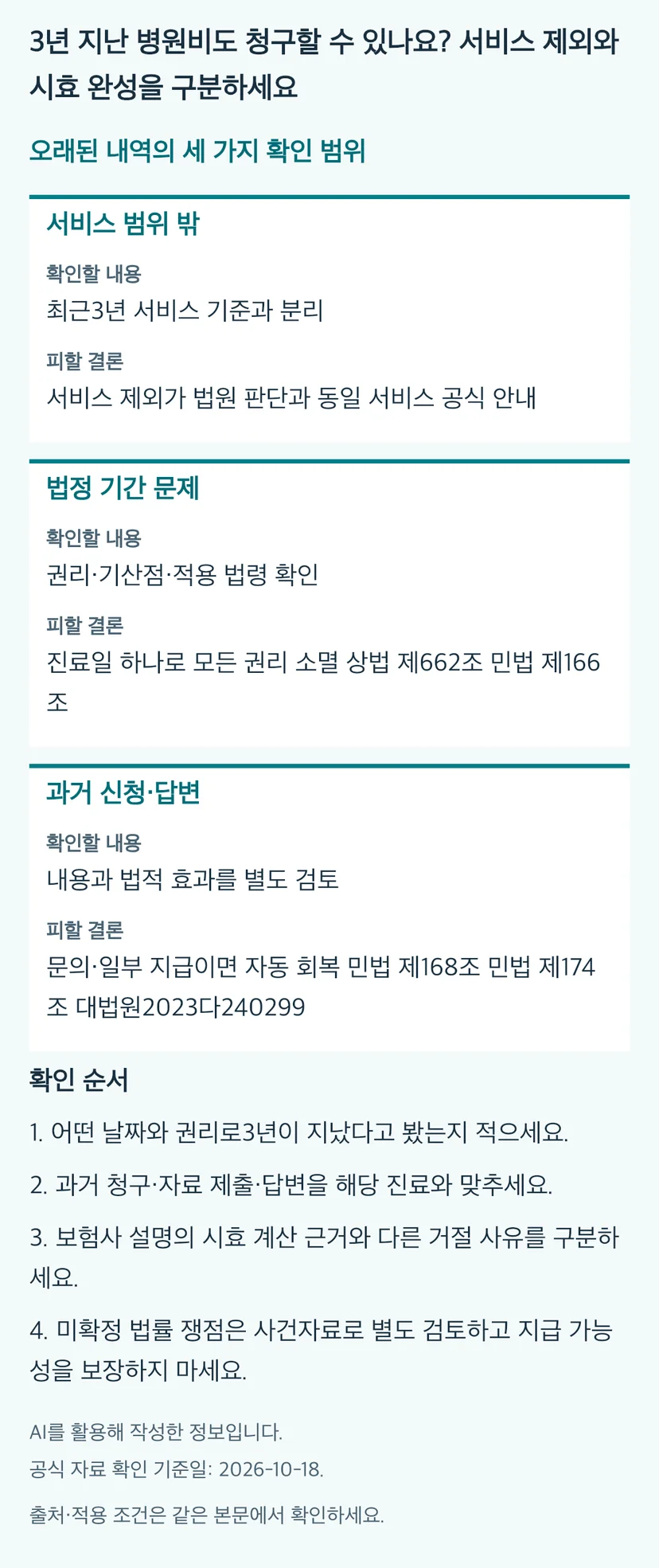 3년 지난 병원비도 청구할 수 있나요? 서비스 제외와 시효 완성을 구분하세요의 본문 판단표와 4단계 확인 순서. 동일 내용과 근거는 본문에 유지됩니다.