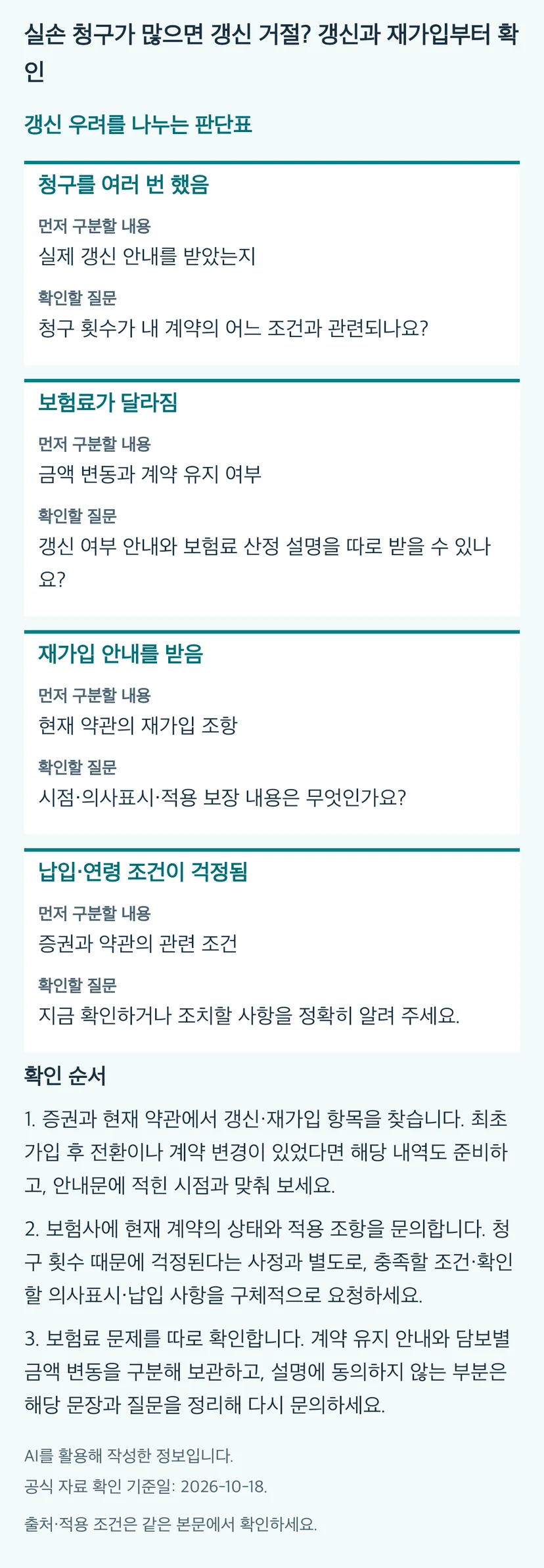 실손 청구가 많으면 갱신 거절? 갱신과 재가입부터 확인의 본문 판단표와 3단계 확인 순서. 동일 내용과 근거는 본문에 유지됩니다.