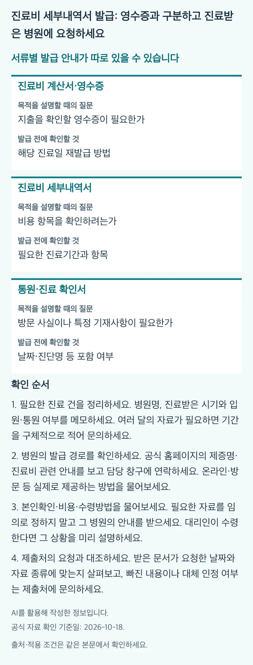 진료비 세부내역서 발급: 영수증과 구분하고 진료받은 병원에 요청하세요의 본문 판단표와 4단계 확인 순서. 동일 내용과 근거는 본문에 유지됩니다.