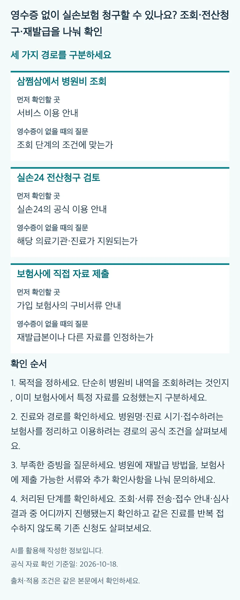 영수증 없이 실손보험 청구할 수 있나요? 조회·전산청구·재발급을 나눠 확인의 본문 판단표와 4단계 확인 순서. 동일 내용과 근거는 본문에 유지됩니다.