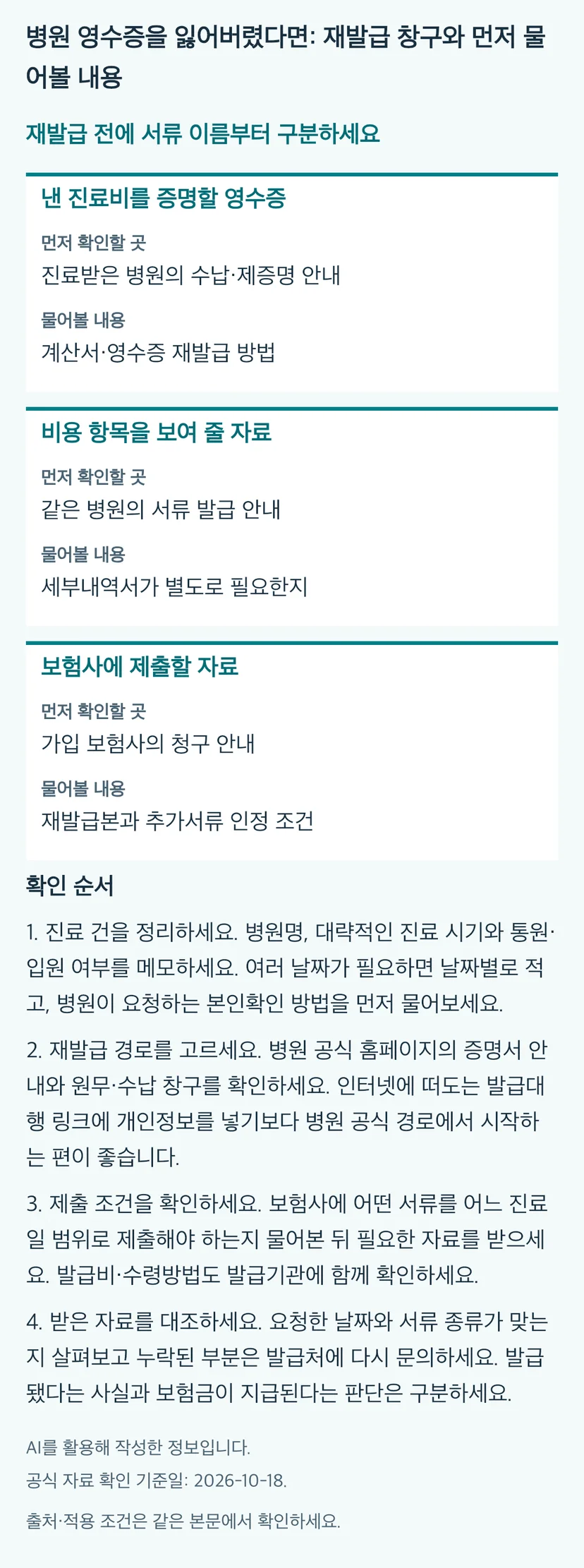 병원 영수증을 잃어버렸다면: 재발급 창구와 먼저 물어볼 내용의 본문 판단표와 4단계 확인 순서. 동일 내용과 근거는 본문에 유지됩니다.