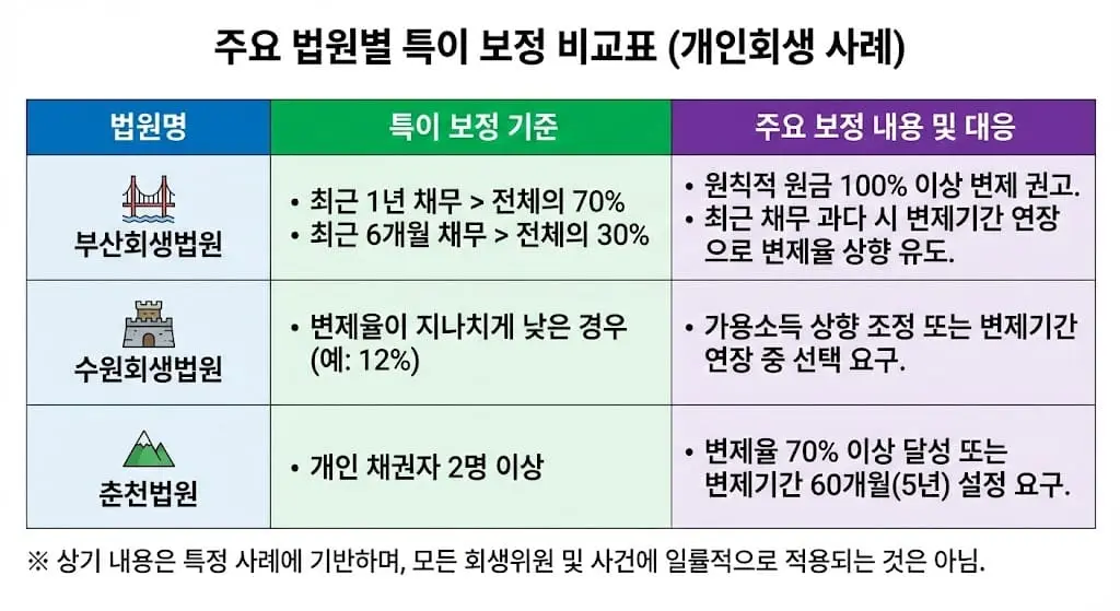 주요 법원별 특이 보정 비교표
