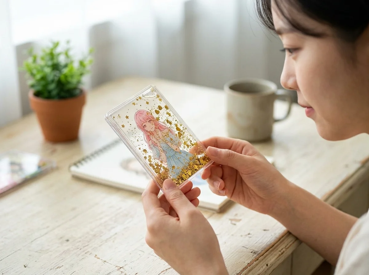 글리터 쉐이커 코롯토를 손에 들고 흔드는 순간 — 반짝이는 글리터 굿즈 라이프스타일