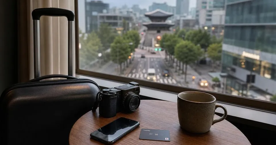 Photorealistic Seoul hotel table with luggage, camera, phone, transit card, and city street view for a first 72 hours itinerary
