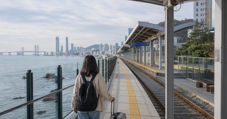 Photorealistic Busan coastal public transit walkway with a traveler and suitcase for a car-free weekend route