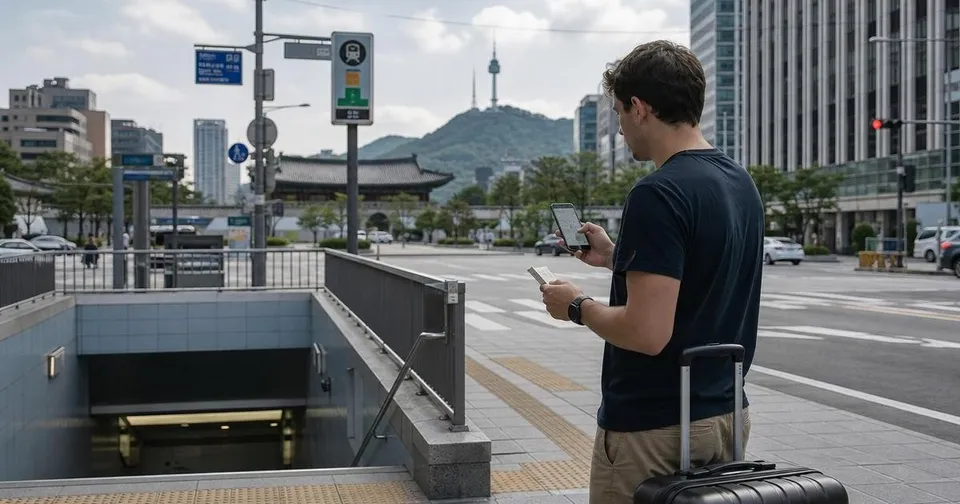 Traveler with luggage checking a hotel-area map near a Seoul subway entrance.