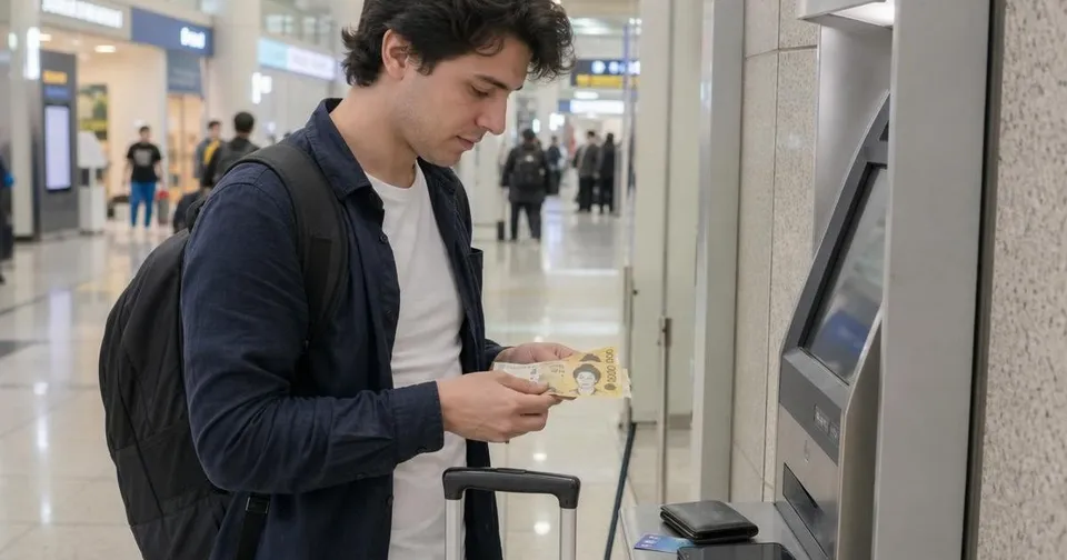 Traveler organizing Korean won cash and generic payment cards near an ATM in Korea