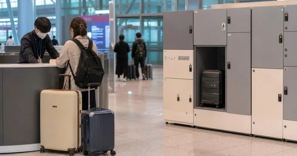 Traveler comparing staffed luggage storage and station lockers with suitcases in a Korea transit setting.