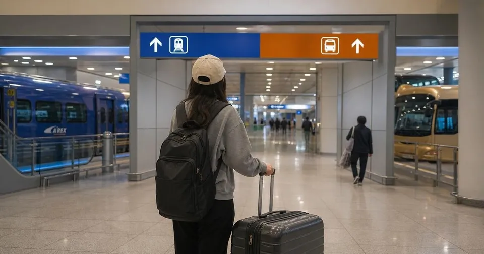 Traveler with luggage choosing airport train or bus at Incheon Airport