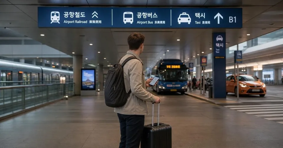Traveler with luggage choosing between airport train, bus, and taxi options at Incheon Airport.