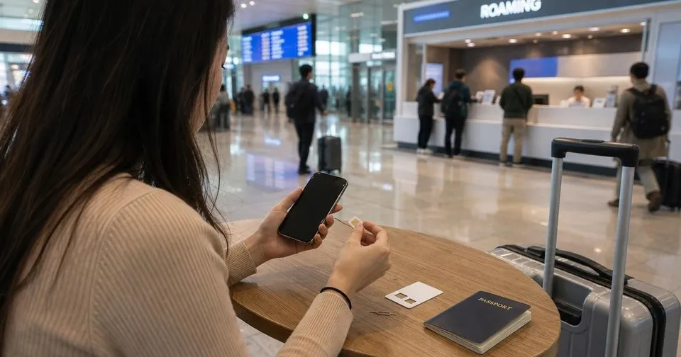Traveler comparing a smartphone and unbranded SIM card at a Korea airport arrival table.