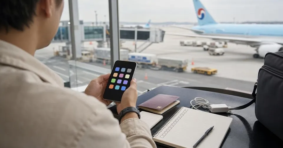 Traveler preparing Korea travel apps on a smartphone before a flight.