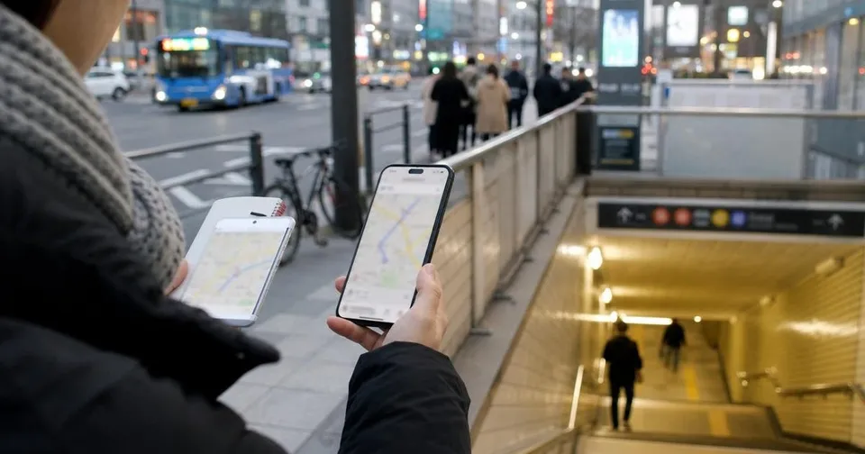 Traveler checking a map app near a Seoul subway station exit