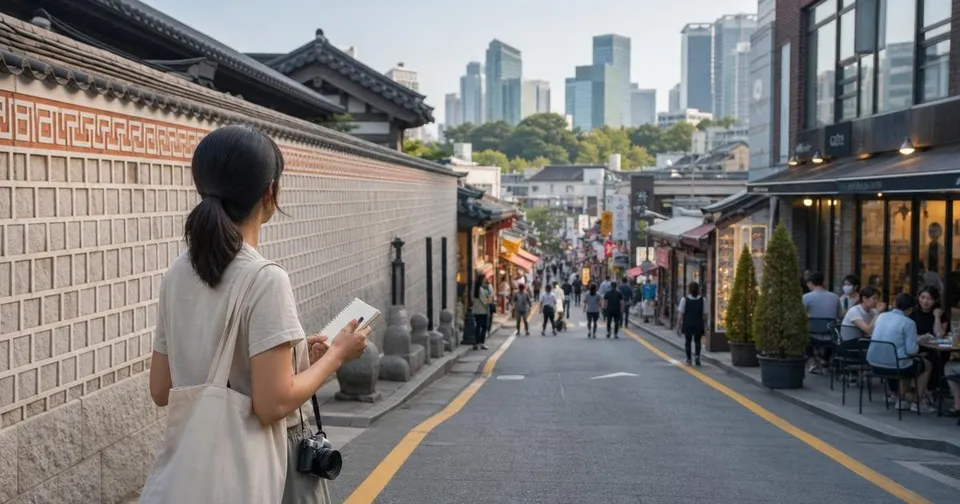 Traveler planning a three-day Seoul route near a palace wall with market and cafe streets nearby.