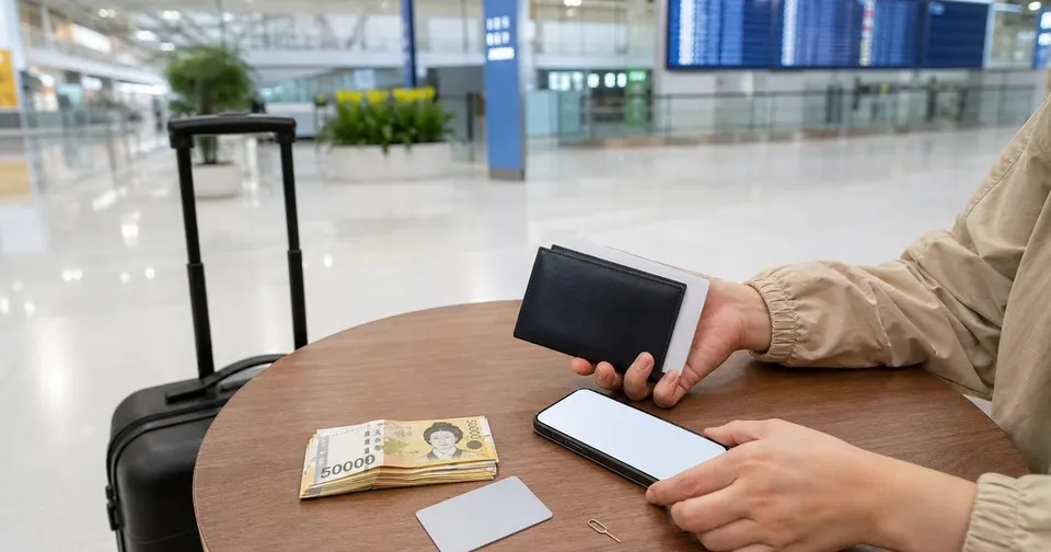 Traveler organizing passport, phone, luggage, cash, and a generic transit card after arriving in Korea.