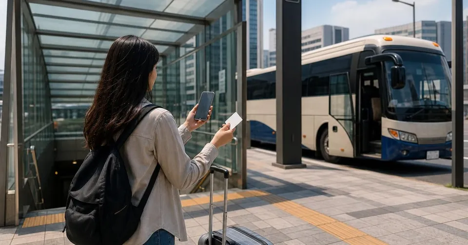 Traveler planning Korea transportation with a suitcase near a subway entrance and airport bus area.