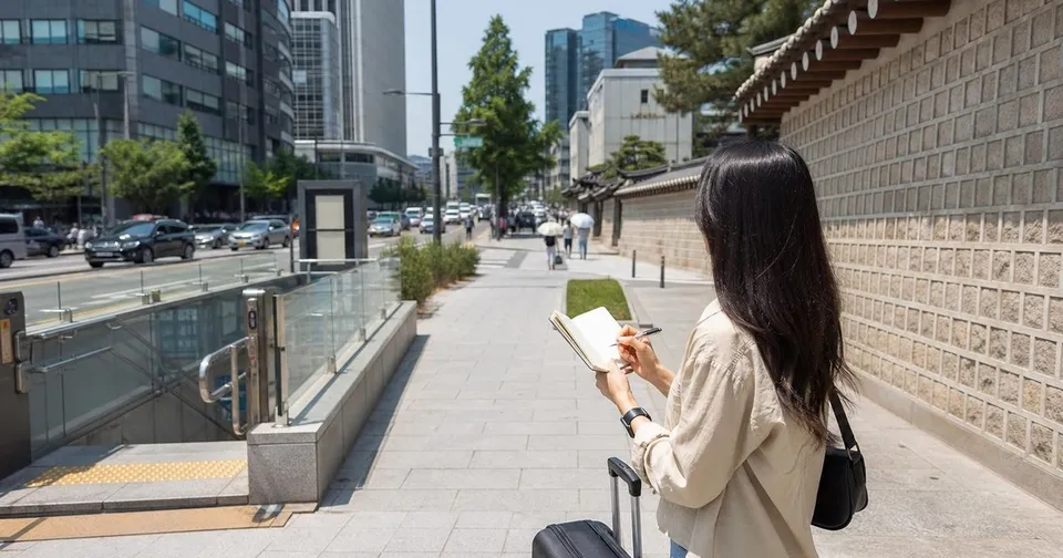 First-time Seoul traveler planning a route near a palace wall, subway entrance, and city street.
