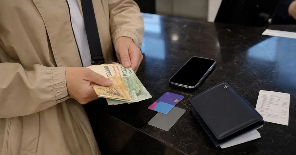 Traveler arranging Korean won cash, a generic credit card, and an unbranded transit card for a Korea trip.
