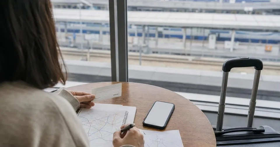 Traveler planning Korea regional routes with a train ticket, suitcase, and map-like notes on a station table.