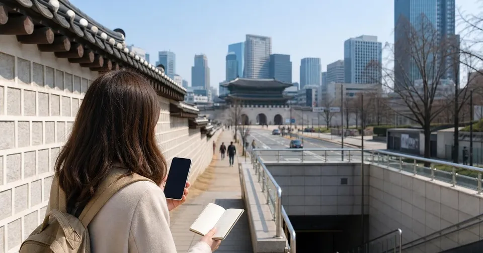 First-time Seoul traveler looking toward a palace wall and city skyline while planning attractions.