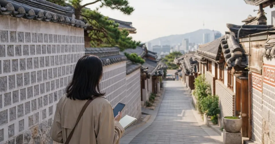 Traveler walking from a Seoul palace wall toward a quiet hanok street with a notebook.