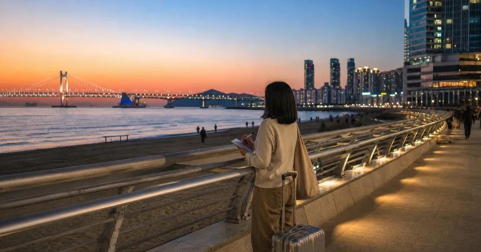 Traveler planning a Busan 3-day route near a coastal beach and city skyline.