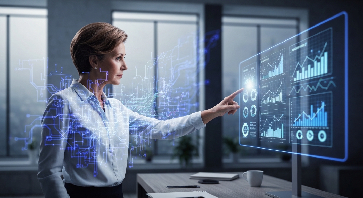 A modern, minimalist image showing a human accountant collaborating with a glowing, abstract AI interface. The human is pointing at a complex financial projection on a holographic screen, symbolizing strategic partnership over automation. Use a clean, B2B color palette \\(deep blue, white, light gray\\).