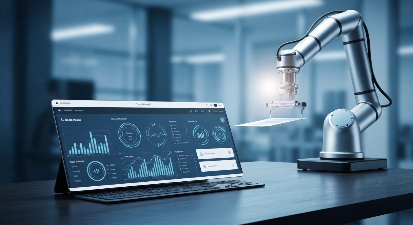 A sleek, modern dashboard displaying financial data visualizations and AI-driven insights, with a subtle background showing a robotic arm automating document processing. The color palette is professional blue and white, emphasizing efficiency and technology.