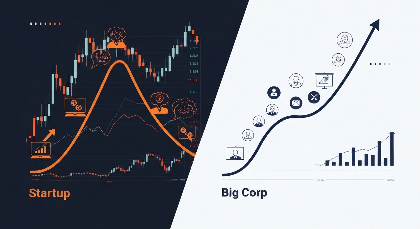 A modern, split-screen graphic showing two distinct career paths: one side is a steep, volatile upward curve \(Startup\), and the other is a steady, structured upward curve \(Big Corp\), overlaid with financial charts and professional icons.