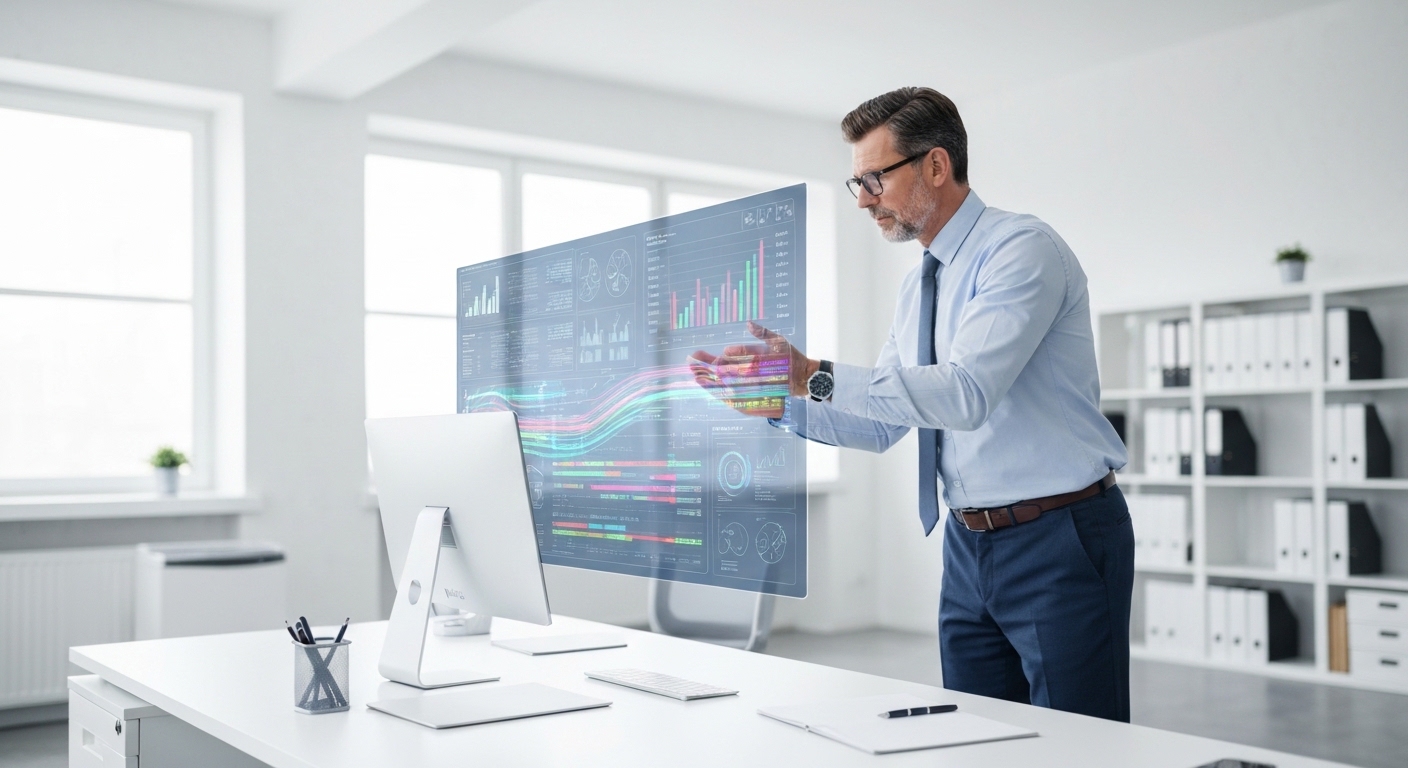 A modern, minimalist B2B office setting. A professional accountant is looking at a holographic screen displaying complex financial data and AI-generated insights, symbolizing the integration of human expertise and artificial intelligence in high-level decision-making.