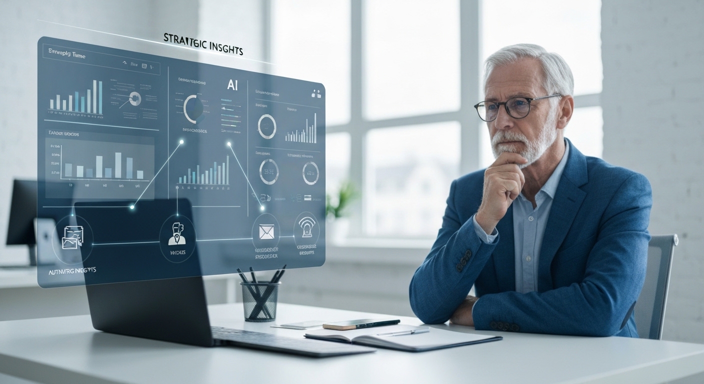 A clean, modern finance office setting. A digital dashboard displays real-time financial data and charts, connected by glowing AI lines to icons representing automated tasks like invoice processing and expense reports. A focused accountant is reviewing strategic insights, not manual data entry.