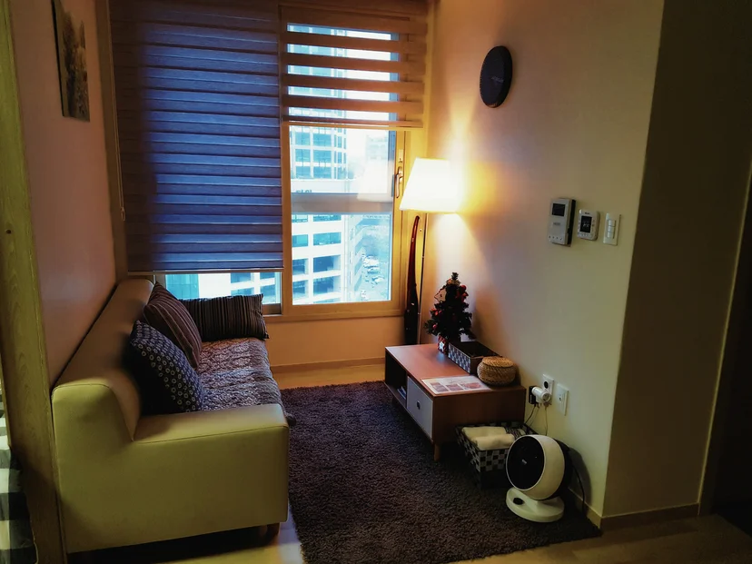 Sofa and a floor lamp by a window looking out over city high-rises (Listing ID : 25)