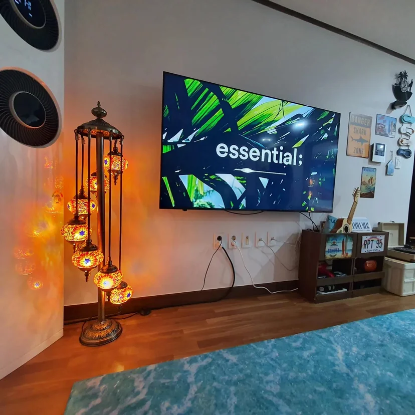 Living room corner with a Moroccan-style floor lamp and wall-mounted TV (Listing ID : 4764)