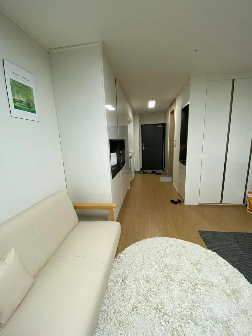 Compact living room with white sofa and glossy kitchenette (Listing ID : 17787)