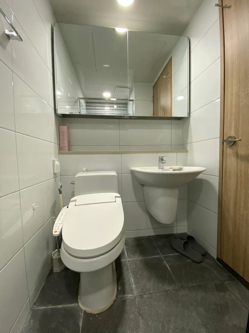 Bathroom with bidet toilet, large mirror and walk-in shower (Listing ID : 17787)