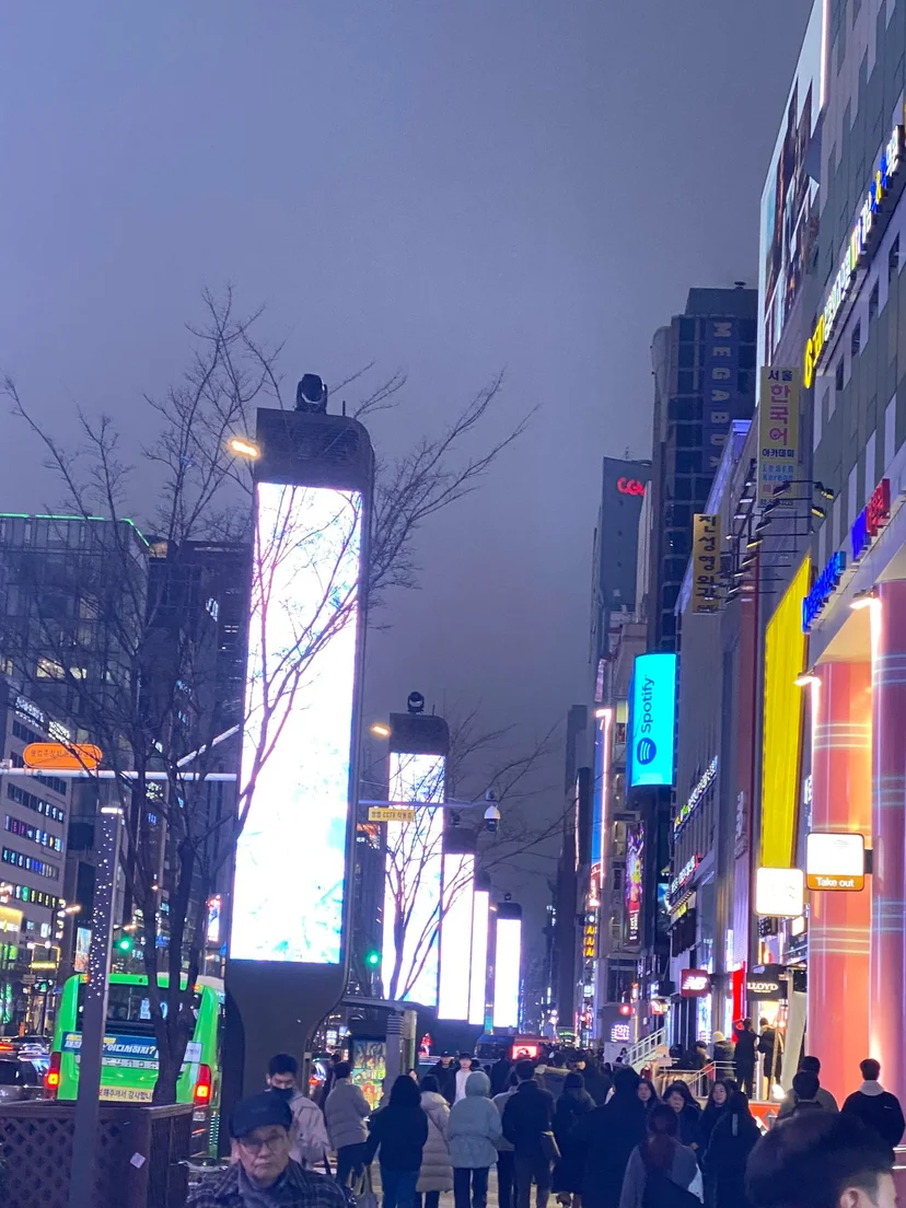 Lively Gangnam-daero street with digital billboards and city buses at dusk (Listing ID : 17787)