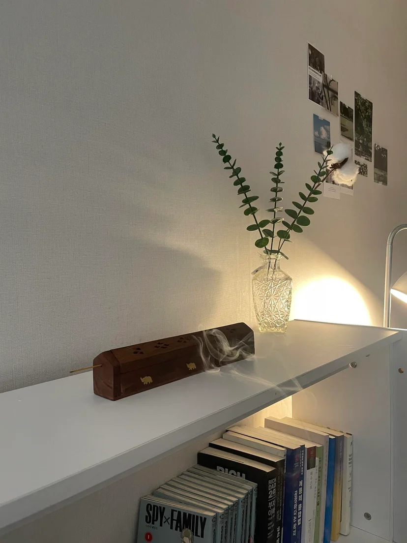 Evening light on a shelf with books and an incense burner (Listing ID : 22604)