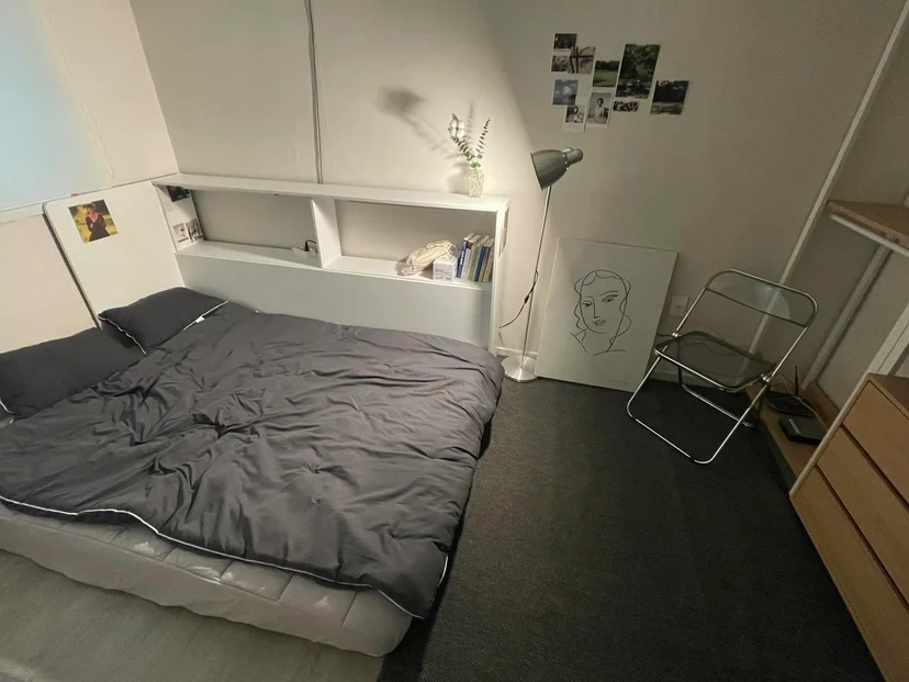 Studio bedroom with a queen bed and a book-lined headboard shelf (Listing ID : 22604)