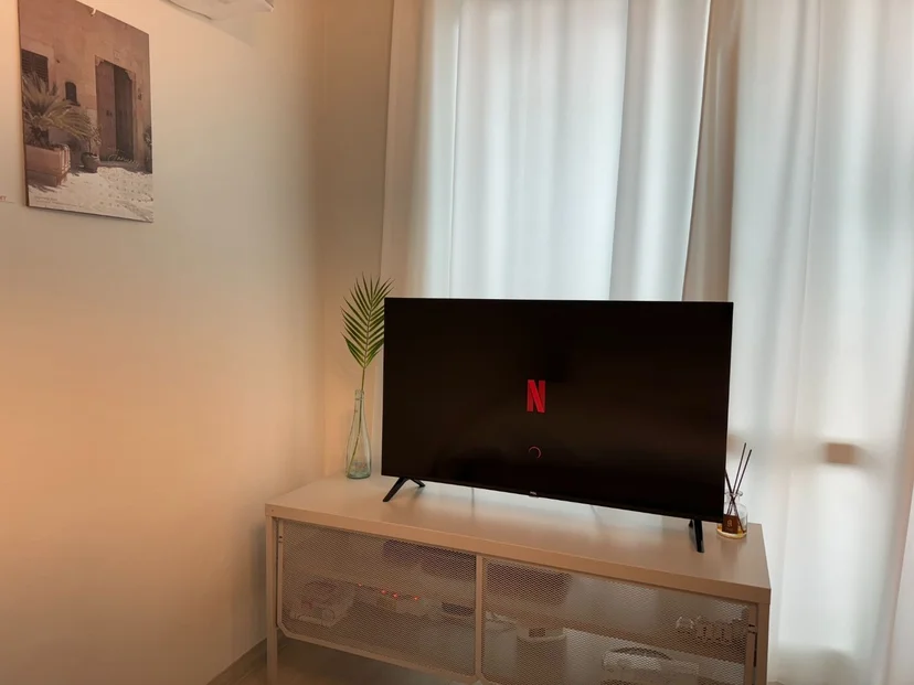 Smart TV on a white console with a leafy plant and sheer curtains (Listing ID : 33170)