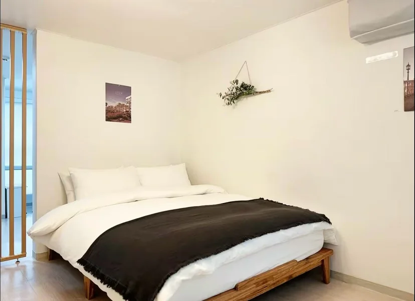 Duplex studio with a marble accent wall, TV stand, and bed visible through the open partition (Listing ID : 33170)