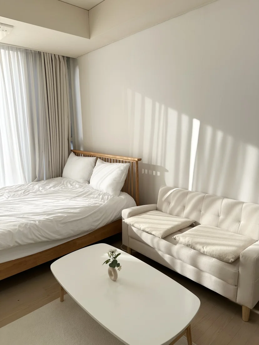 Bright studio room with a bed, sofa, and coffee table (Listing ID : 45464)