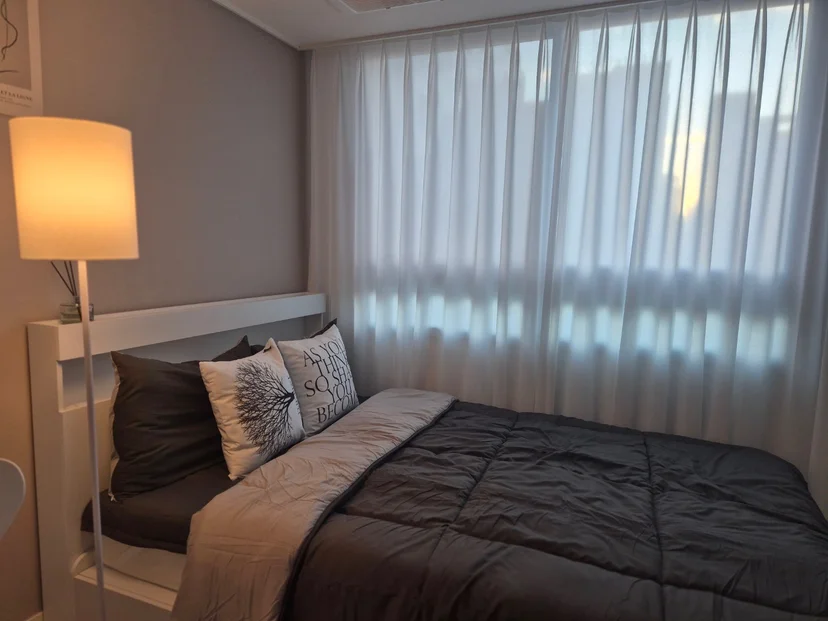 Double bed with accent pillows beside a large sheer-curtain window (Listing ID : 30036)